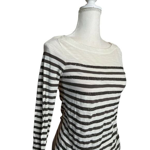 Ann Taylor LOFT Boat neck embellished blouse Sz Small Striped Ivory Long Sleeve - Picture 4 of 10